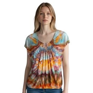 LOFT‎ XS Top Handmade Tie Dye Short Sleeve Smocked Blouse Boho Grunge 402